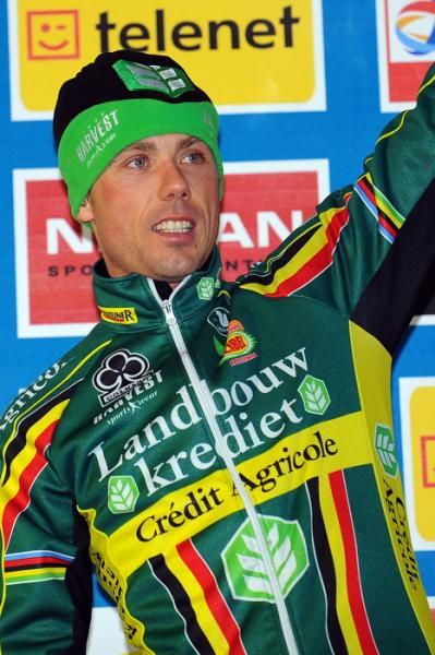 Superprestige Diegem runner-up Sven Nys (Landbouwkrediet) on the podium.
