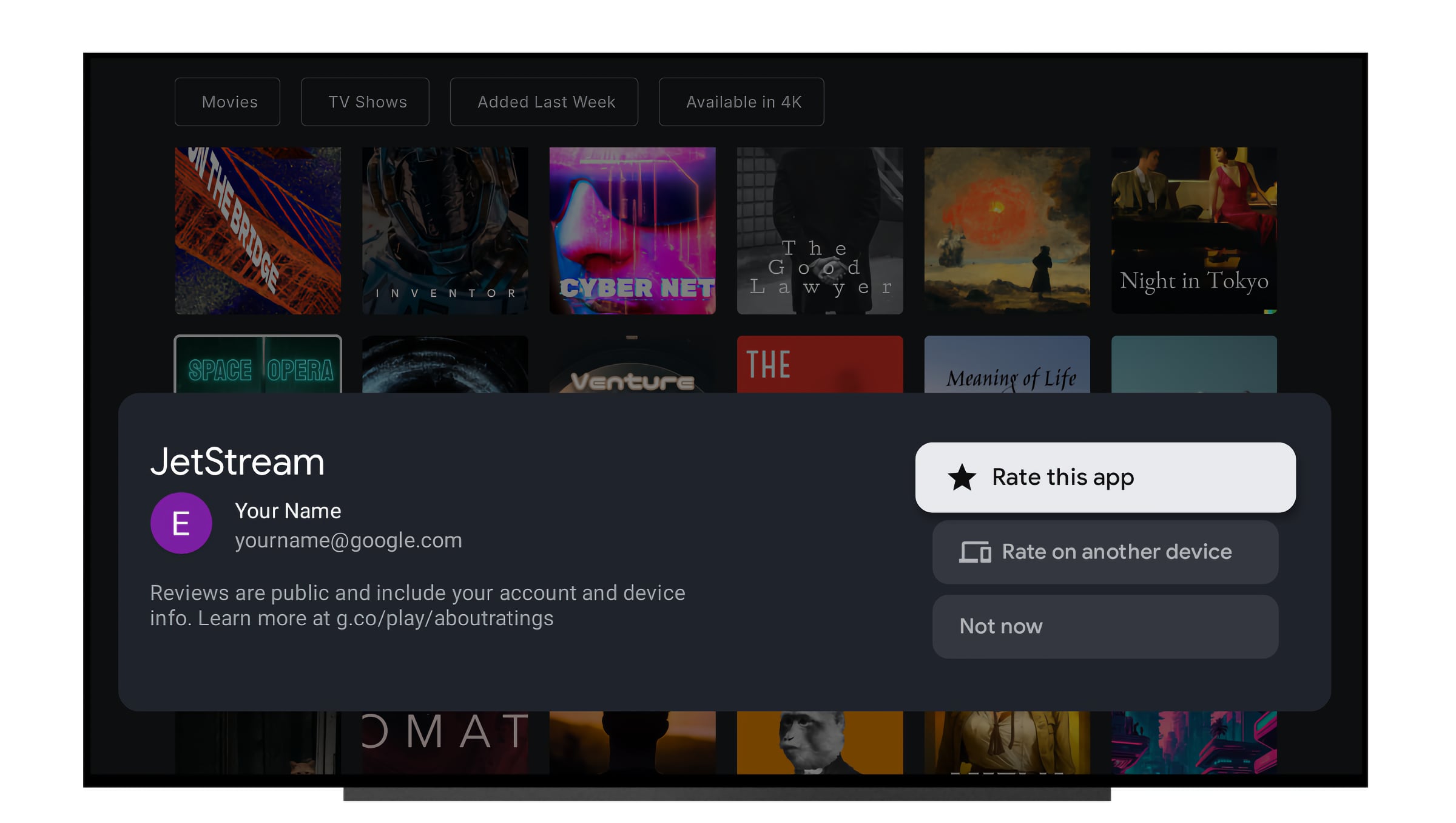 Android 16 TV screenshot showing &quot;rate this app&quot; pop-up