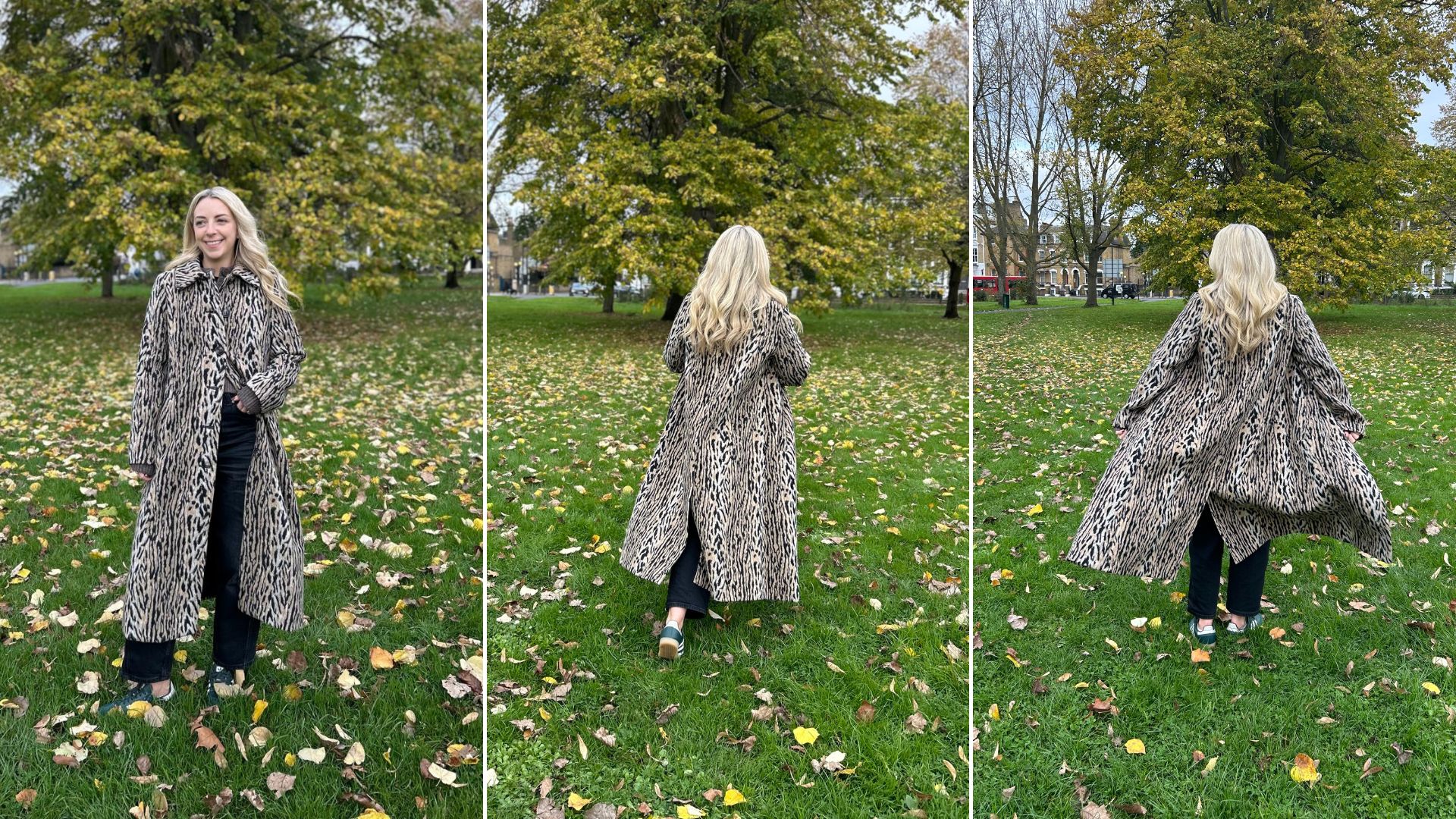 Three images of Caroline Parr wearing the Rixo Milly leopard print coat