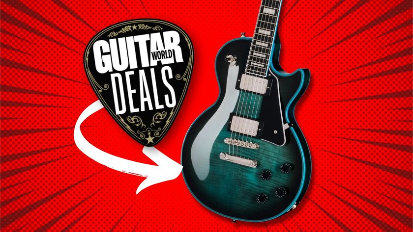 An Epiphone Les Paul Custom Widow electric guitar on a red background