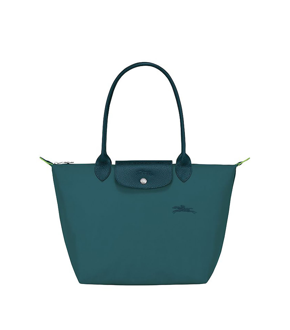 Longchamp, Le Pliage Green Medium Nylon Tote Bag in Peacock/Silver