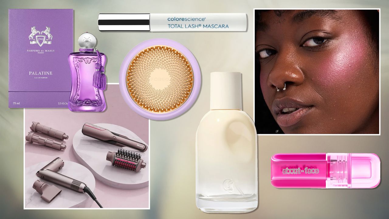 product collage of Shark Flexfusion™ Air &amp; Ceramic System, Colorescience Total Lash Mascara, About-face Blush Rush Liquid Blush, Glossier You Doux Eau de Parfum, Foreo LUNA™ 4 Hair, Parfums de Marly Palatine Eau de Parfum, with image of black model with pink blush overlaid gradient background 