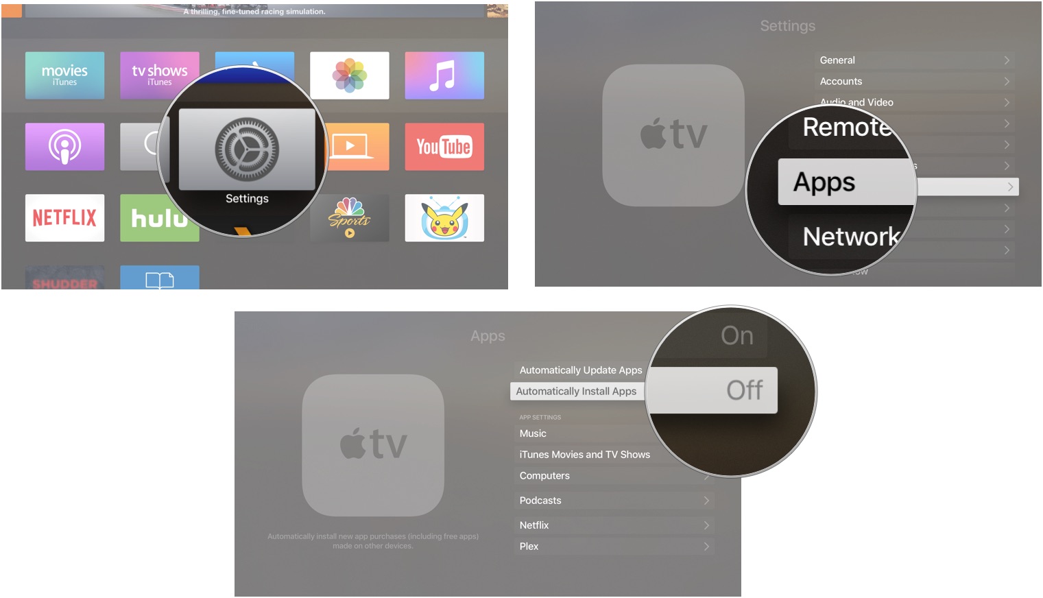 Open the Settings app, then click Apps, then click Automatically install apps so it shows that it is off