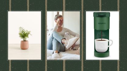 A house plant in a pink ceramic pot on the left, a peron sitting down wearing teddy wool slippers in the middle, and a green single-serve Keurig on the right on a green collage background, for the best Christmas gifts for mom.