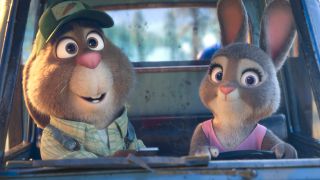 Stu and Bonnie Hopps smile while driving in their truck in Zootopia+.