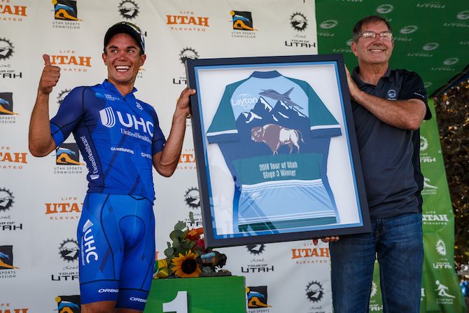 Travis McCabe (UnitedHealthcare) receives a special jersey for winning stage 3 of the 2018 Tour of Utah