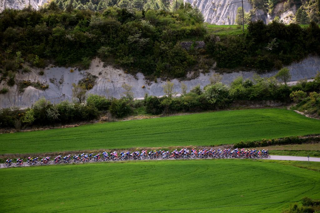 JACA SPAIN MAY 02 A general view of the peloton passing through a landscape during the 10th La Vuelta Femenina 2024 Stage 5 a 1139km stage from Huesca to Alto del Fuerte Rapitan Jaca 1103m UCIWWT on May 02 2024 in Jaca Spain Photo by Alex BroadwayGetty Images