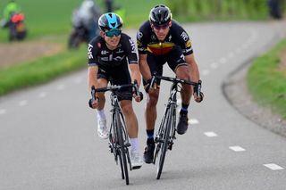 Michal Kwiatkowski and Phlippe Gilbert ride toward the finish of Amstel Gold
