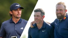 (Left) Marco Penge looks on during the 2025 British Masters while Shane Lowry puts his arm around Rory McIlroy at the 2025 Zurich Classic of New Orleans (right)