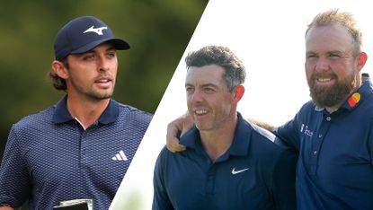 (Left) Marco Penge looks on during the 2025 British Masters while Shane Lowry puts his arm around Rory McIlroy at the 2025 Zurich Classic of New Orleans (right)