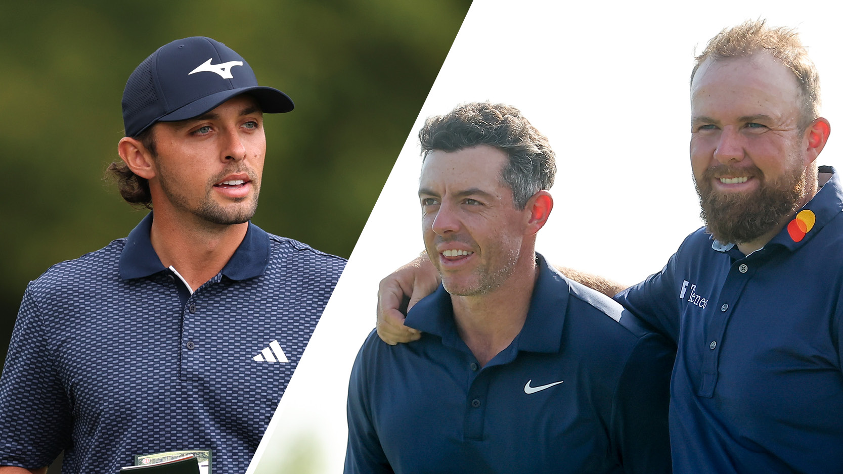 (Left) Marco Penge looks on during the 2025 British Masters while Shane Lowry puts his arm around Rory McIlroy at the 2025 Zurich Classic of New Orleans (right)