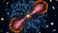 Iillustration of a supermassive black hole at the center of a radio galaxy launching powerful jets all the way into the galaxy’s circumgalactic medium
