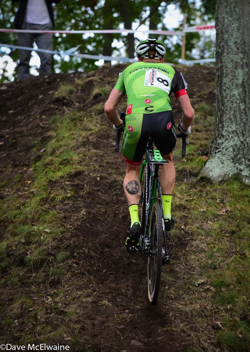 Stephen Hyde (Cannondale) following his teammate Curtis White up a very steep climb
