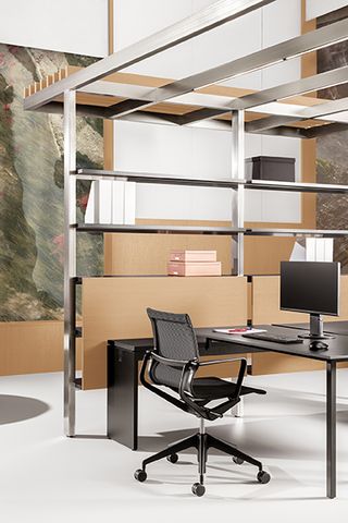 desk, chair and shelving in open plan office design, part of ‘CSS Village’ by Citterio