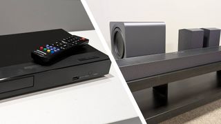 Panasonic Blu-Ray player and Samsung soundbar side-by-side
