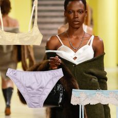 A collage showing photos of Miu Miu's silk lingerie from the fall/winter 2025 show as well as other silk lingerie items.