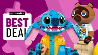 Lego Stitch and Tom Nook beside a &#039;best deal&#039; badge, all against a purple background