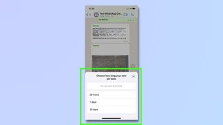 screenshot showing how to pin whatsapp chats on an iphone - select length of time