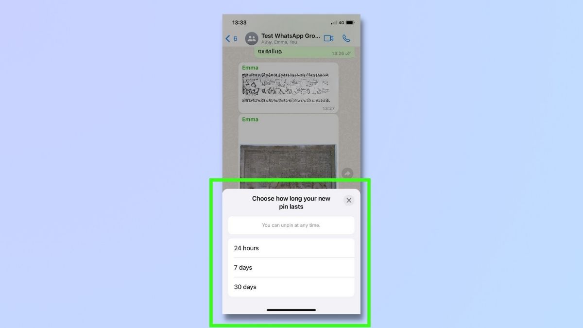 снимок экрана, показывающий, как закрепить чаты WhatsApp на iPhone — выберите продолжительность времени