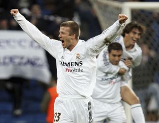 David Beckham celebrates a goal for Real Madrid against Real Sociedad in 2005.
