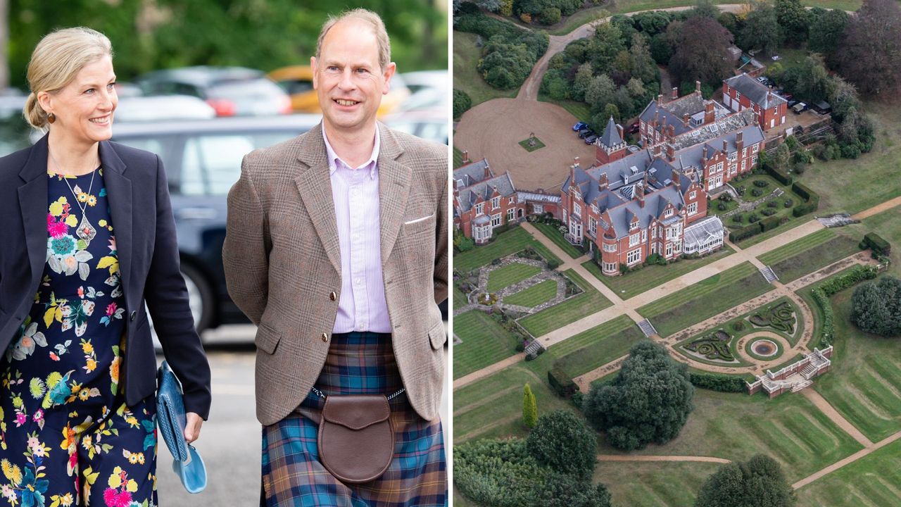 Composite of a picture of Prince Edward and Sophie together in Forfar, Scotland and a picture of their home, Bagshot Park, in Surrey 