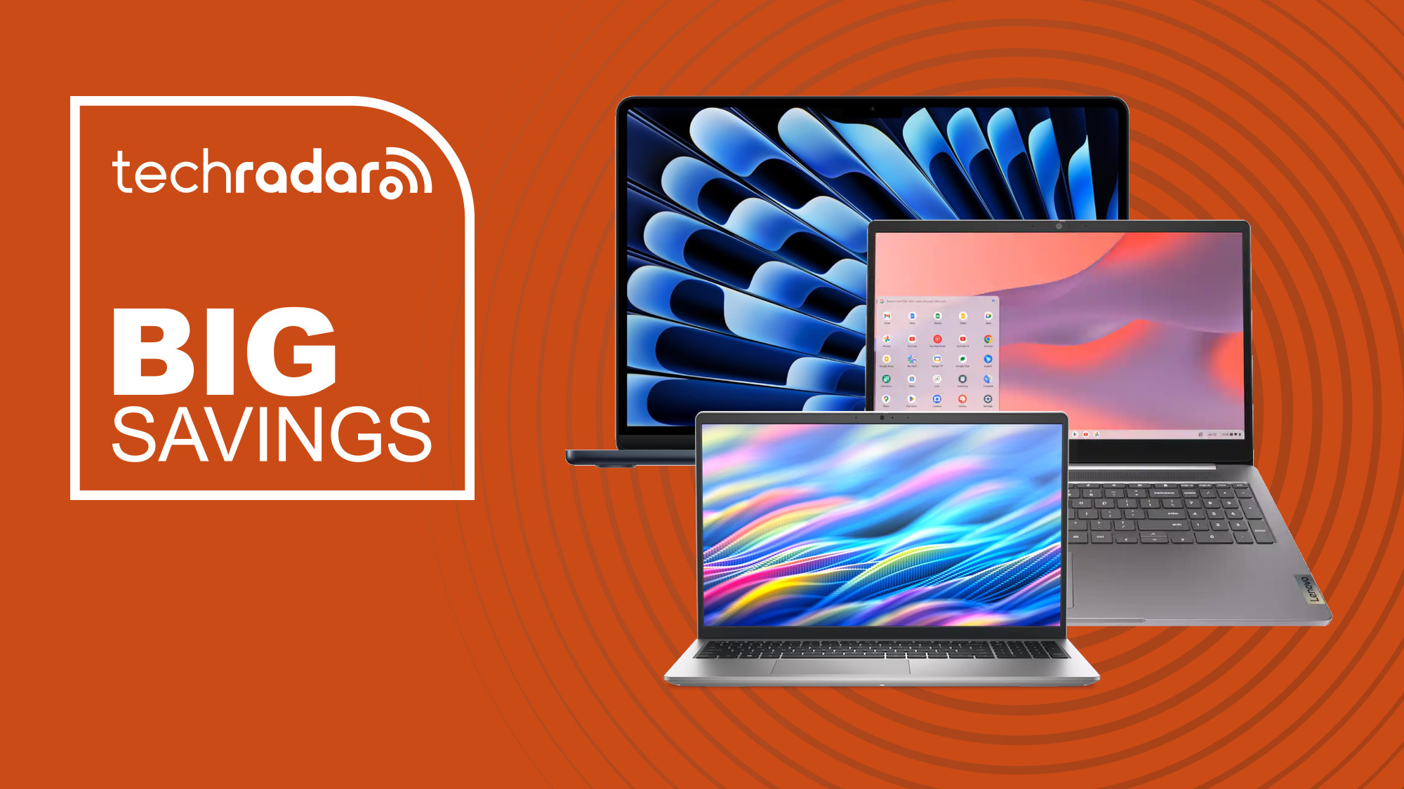 A MacBook, Chromebook and Dell laptop on an orange background next to the TechRadar deals big savings badge