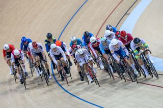 Athletes compete in the men's omnium elimination race during the Day 2 of the Tissot UCI Track Nations Cup Hong Kong