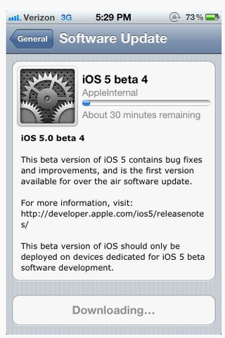 iOS 5 beta 4 is an OTA update... if you can connect