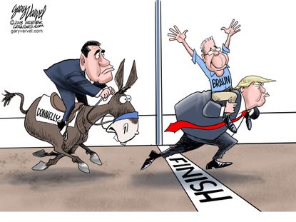 Political cartoon U.S. midterm election Indiana senate GOP Trump Mike Braun Joe Donnelly