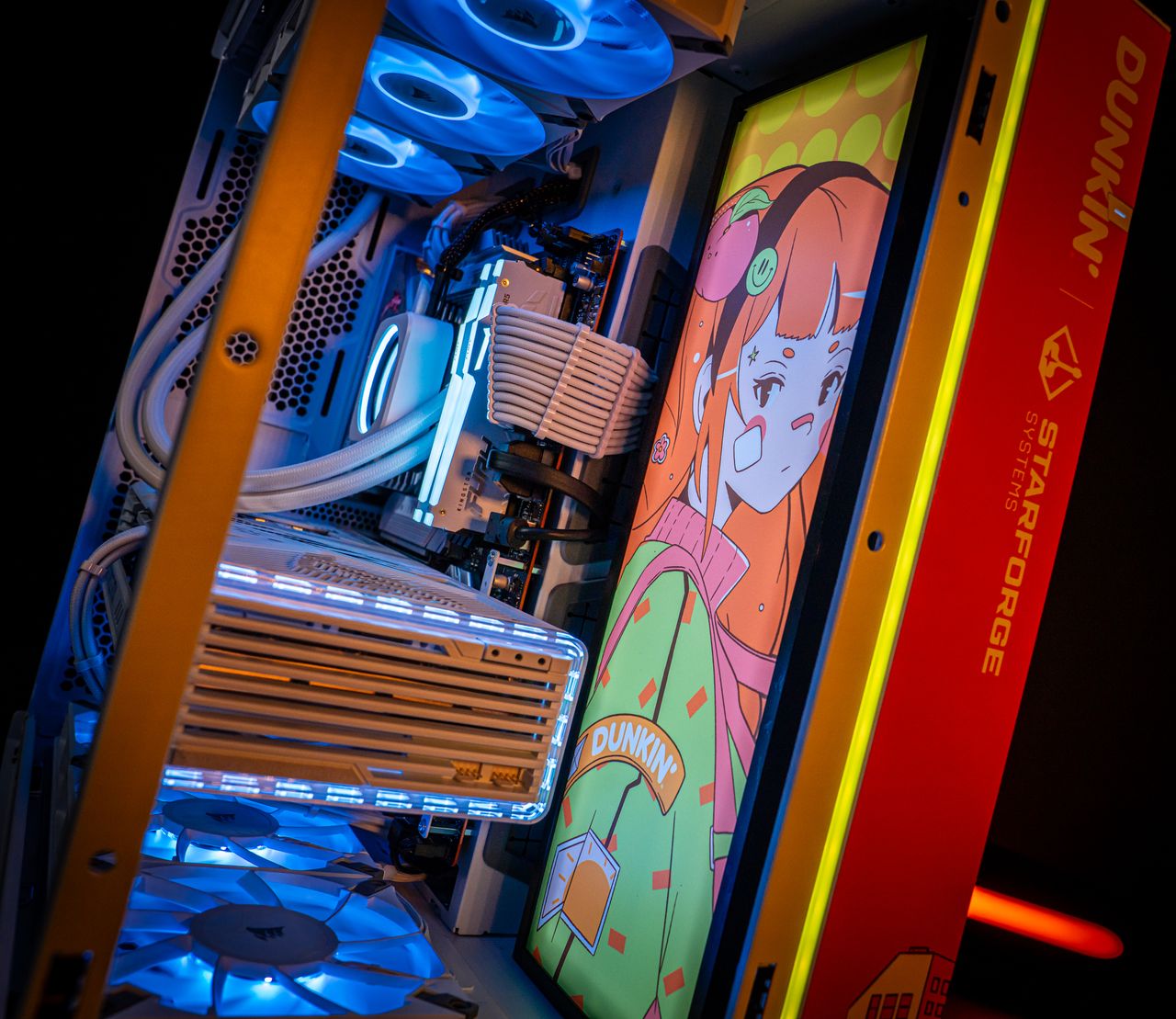 Dunkin's themed PC covered in anime girls.