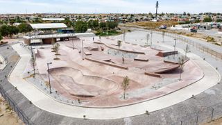 aerial overview of the pink concrete La Duna Skatepark