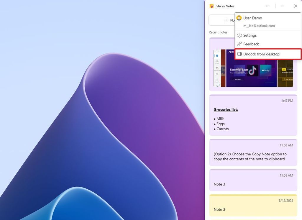 Sticky notes undock from desktop
