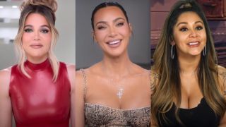 In side-by-side images, Khloe and Kim Kardashian give interviews on The Kardashians, and Nicole Polizzi (aka Snooki) gives an interview on Jersey Shore Family Reunion.