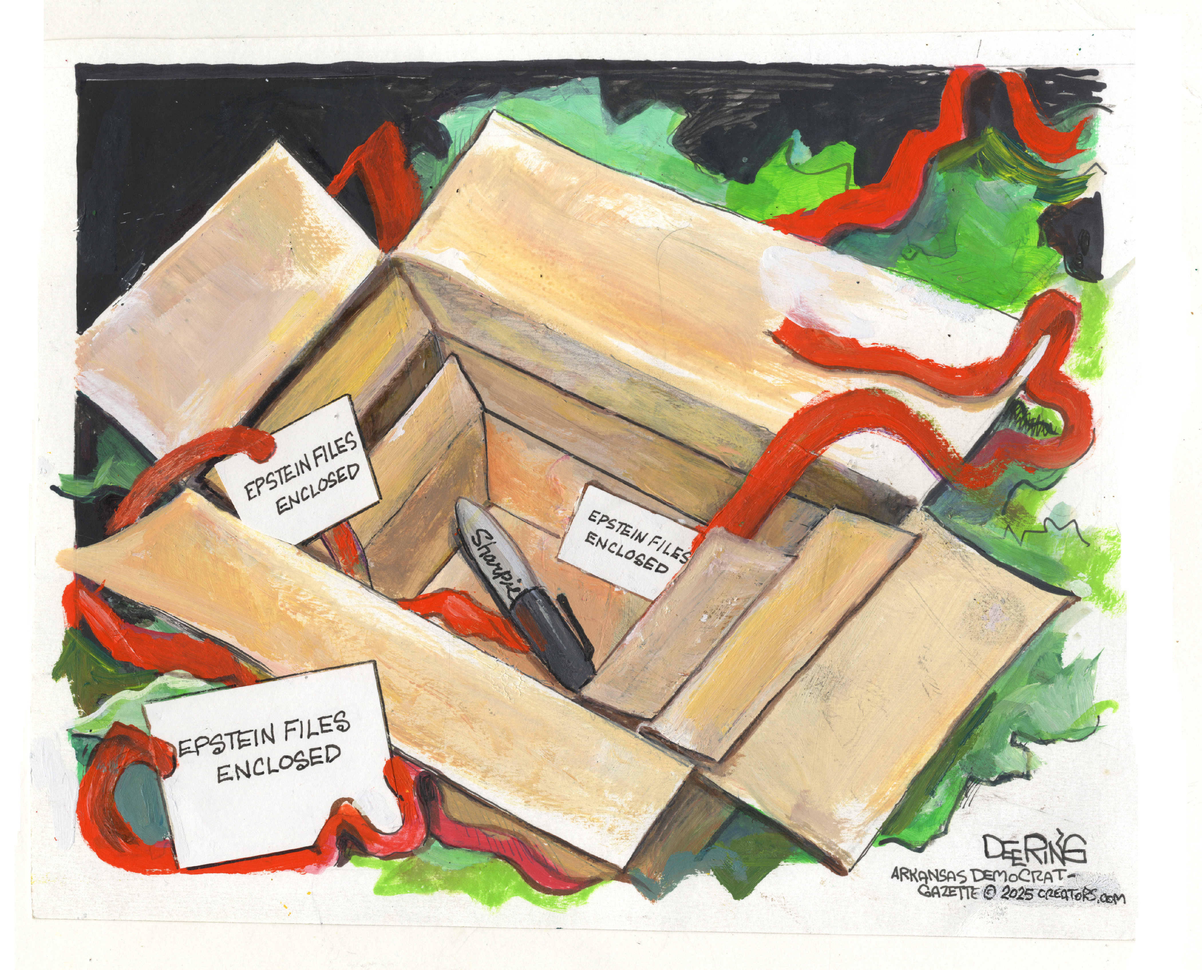 This cartoon depicts a series of cardboard boxes, each labeled "Epstein Files Enclosed&amp;rdquo; and each one smaller than the previous one. They are nestled together like Russian dolls. The final small box has been opened to reveal a Sharpie pen.