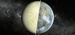 A super-Venus, illustrated on the left, would have a very different-looking surface brightness-wise from a super-Earth, drawn at right, with varying surface features, such as oceans and continents.