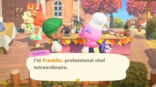 Animal Crossing: New Horizons, talking to Franklin the turkey on Thanksgiving day
