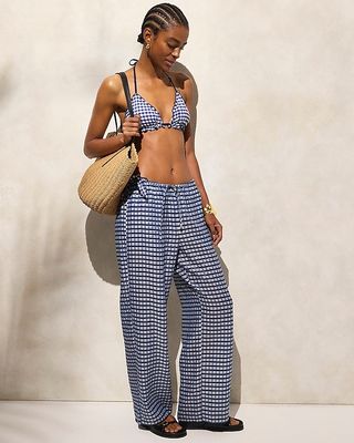 Crinkled Beach Pants in Gingham Print