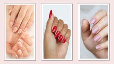 Three hands with timeless nail trends, including a French manicure, a red manicure and a pale pink manicure/ in a cream template