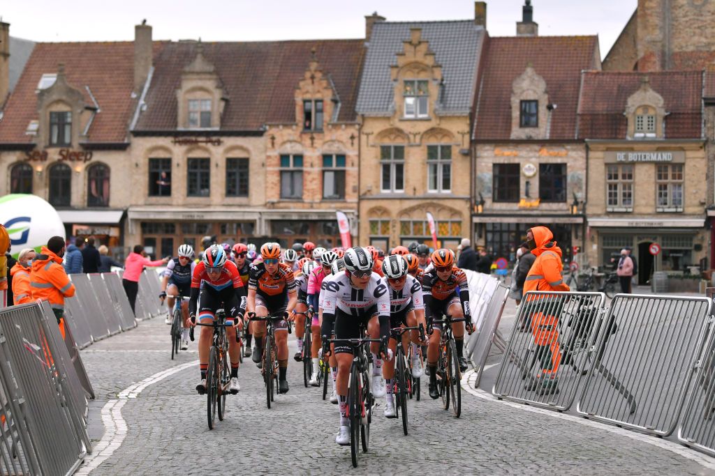 DE PANNE BELGIUM OCTOBER 20 Christine Majerus of Luxembourg and Boels Dolmans Cycling Team Jolien Dhoore of Belgium and Boels Dolmans Cycling Team Julia Soek of The Netherlands and Team Sunweb Susanne Andersen of Norway and Team Sunweb Village Cobblestones during the 3rd Driedaagse Brugge De Panne 2020 Women Classic a 1563km race from Brugge to De Panne AG3daagse on October 20 2020 in De Panne Belgium Photo by Luc ClaessenGetty Images