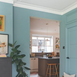 A sky blue-painted living room with a white ceiling with moulding