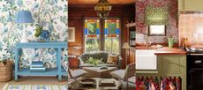 Grandmillennial decor ideas. Corner of blue living room, floral wallpaper, blue side table, table lamp. Living room with dark wood paneling, colorful stain-glass window, modern seating. Colorful kitchen with floral blind, wallpaper and cupboard skirt.