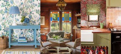 Grandmillennial decor ideas. Corner of blue living room, floral wallpaper, blue side table, table lamp. Living room with dark wood paneling, colorful stain-glass window, modern seating. Colorful kitchen with floral blind, wallpaper and cupboard skirt.