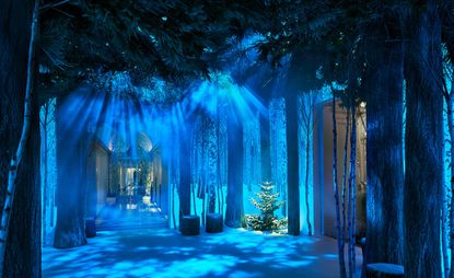 Festive scenery with blue light shining down