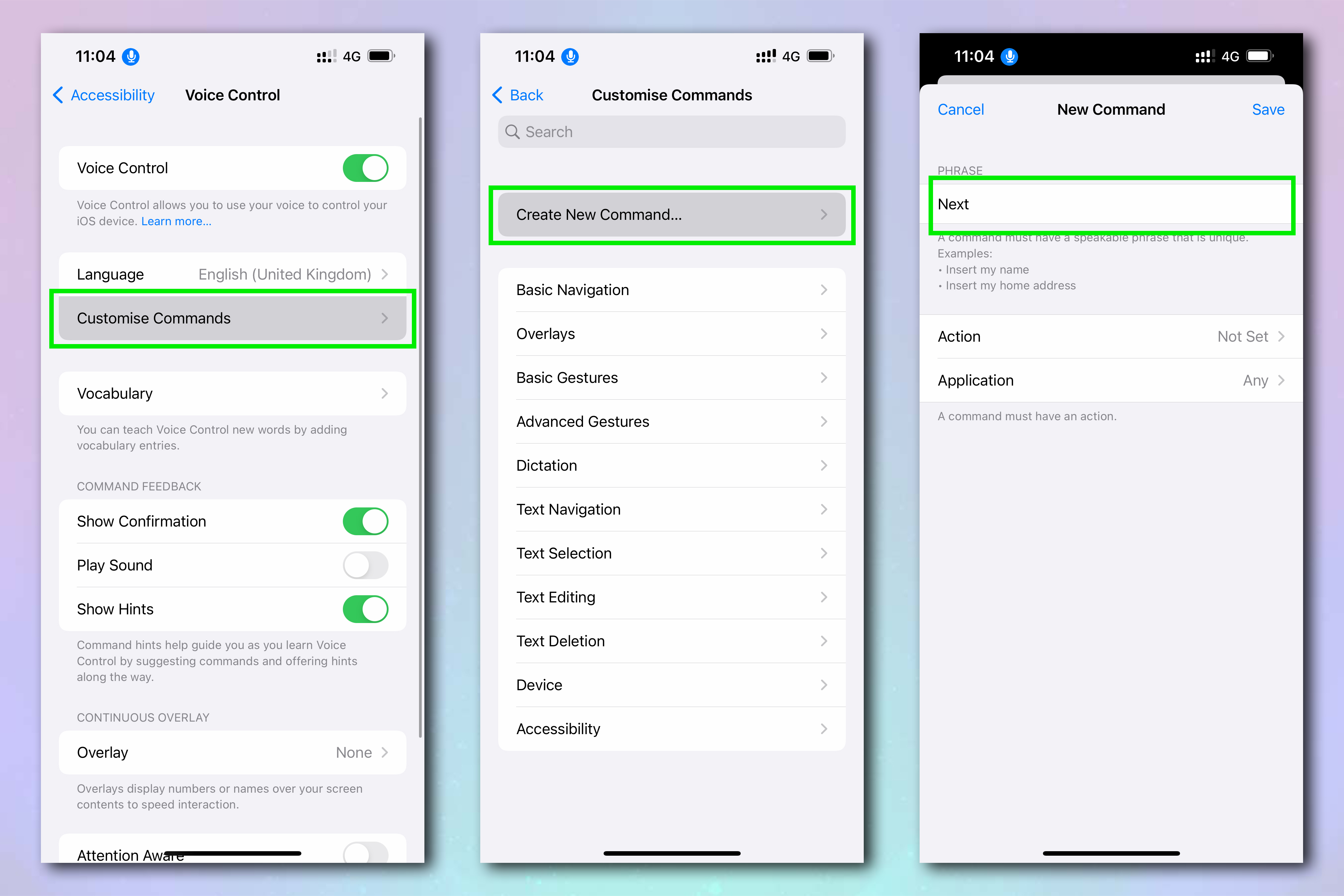 iPhone Settings menus, demonstrating how to enable Voice Control on iPhone