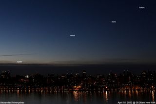 Alexander Krivenyshev, president of WorldTimeZone.com, captured this shot of a planet parade over Manhattan's Upper West Side on the morning of April 15, 2022.