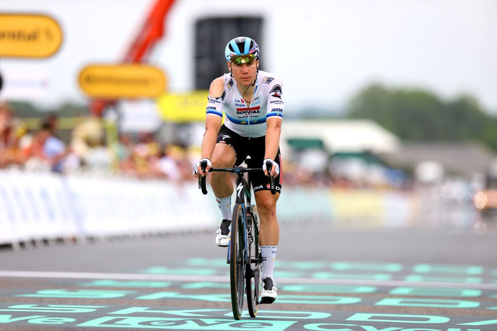 NOGARO FRANCE JULY 04 Fabio Jakobsen of The Netherlands and Team Soudal Quick Step crosses the finish line injured after being involved in a crash during the stage four of the 110th Tour de France 2023 a 1818km stage from Dax to Nogaro UCIWT on July 04 2023 in Nogaro France Photo by Michael SteeleGetty Images