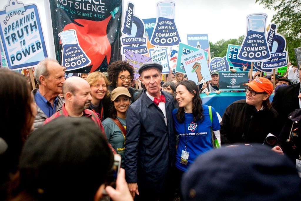 Bill Nye leads scientists and supporters down Constitution Avenue during the March for Science on April 22, 2017, in Washington, D.C.