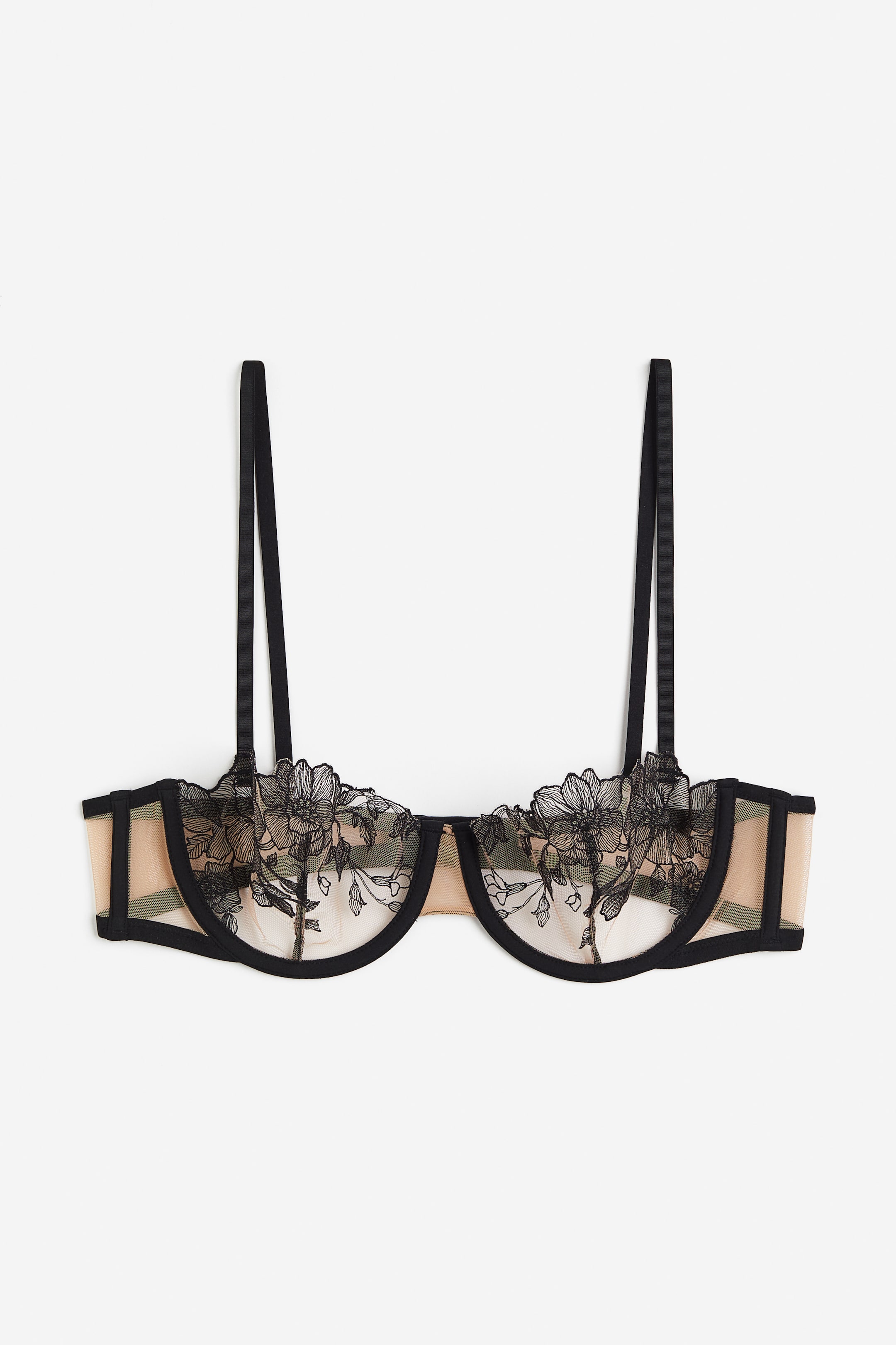 Non-Padded Embroidered Balconette Bra - Light Beige/black