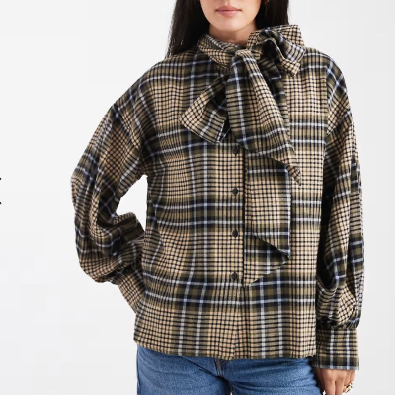 ASOS , Bow Neck Oversized Shirt in Brushed Check