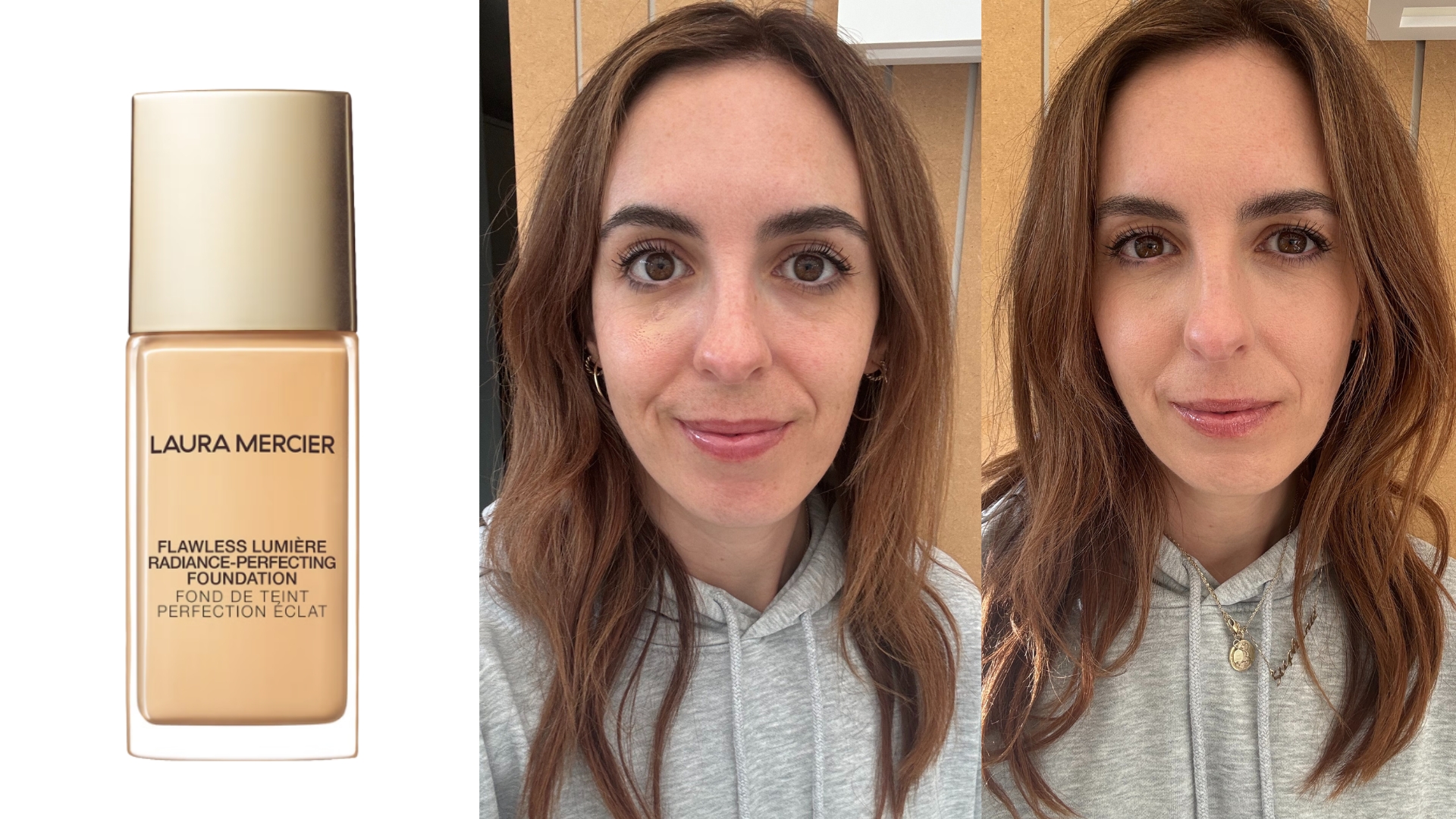 On the left is a product shot of the Laura Mercier Flawless Lumi&amp;egrave;re Foundation, on a white background, followed by two pictures of Beauty Editor Stephanie Maylor first without makeup and then pictured wearing the Laura Mercier Flawless Lumi&amp;egrave;re Foundation